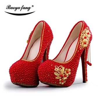 BaoYaFang/ crvene perle s кисточками, ženske cipele vjenčanje Nevjesta, 8 cm/11 cm/14 cm, cipele na platformu, visoke cipele, ženske cipele-čamaca velike veličine, ženske cipele