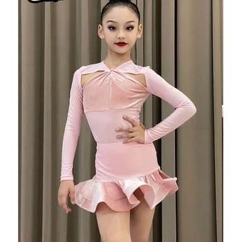 Poboljšana verzija obuku haljine za latino američkim plesovima 2023, jesensko-zimsko novi dječji plesni haljina, nježno roza odijelo sa dugim rukavima